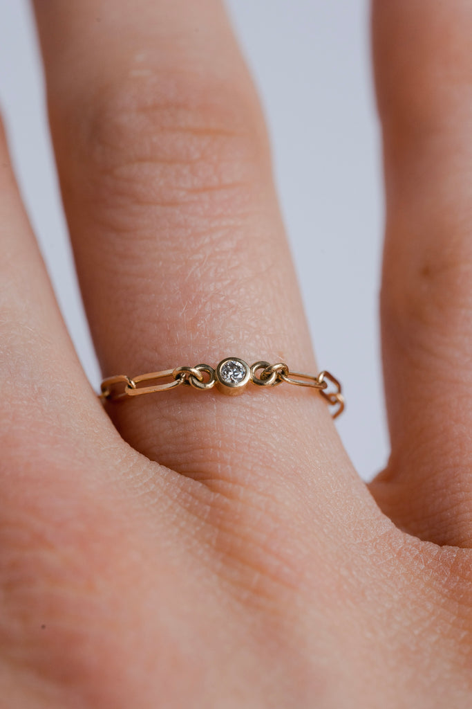 Diamond and Gold Paperclip Chain Ring in 14 Karat Yellow Gold