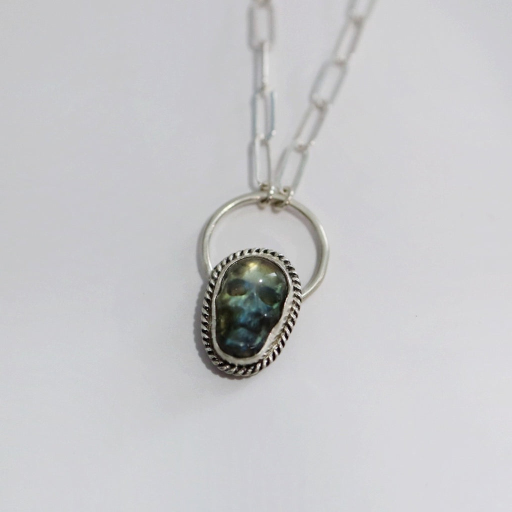 Labradorite Gemstone Skull Necklace in Sterling Silver / ready to ship