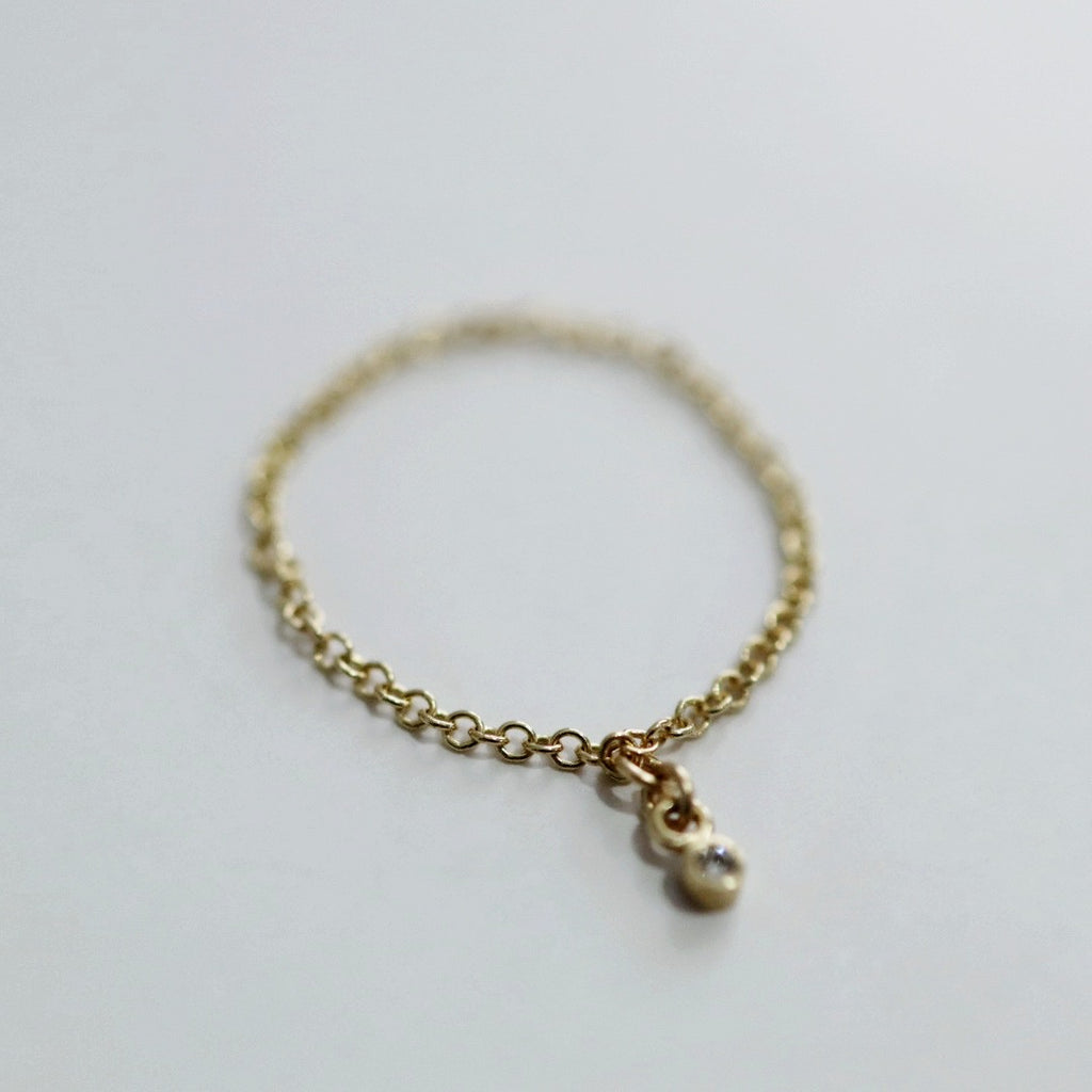Tiny Lab Diamond Charm and chain ring in  14 Karat Yellow Gold / READY TO SHIP SIZE 9.5