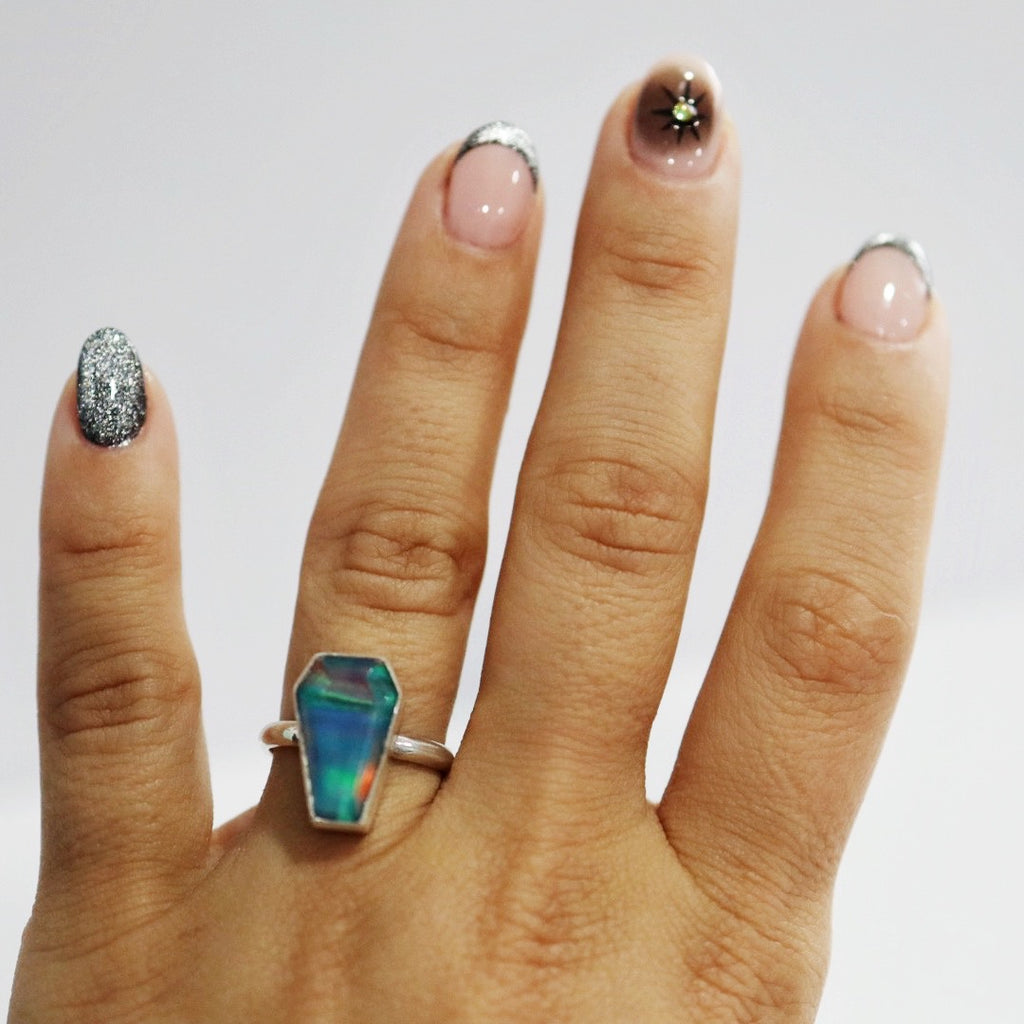 Aurora Opal Coffin Gemstone Ring in Sterling Silver / size 7 READY TO SHIP