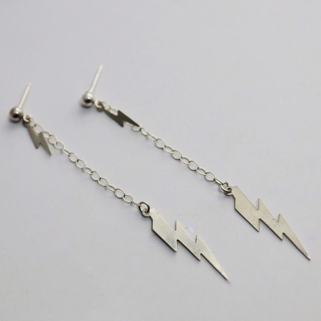 Double Lightning Bolt Stud Drop Earrings in Sterling Silver / Ready to ship