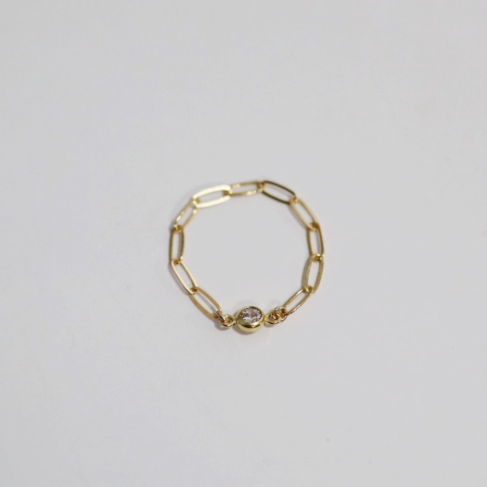 Gold Fill Dainty Paperclip Chain Ring with CZ Gemstone
