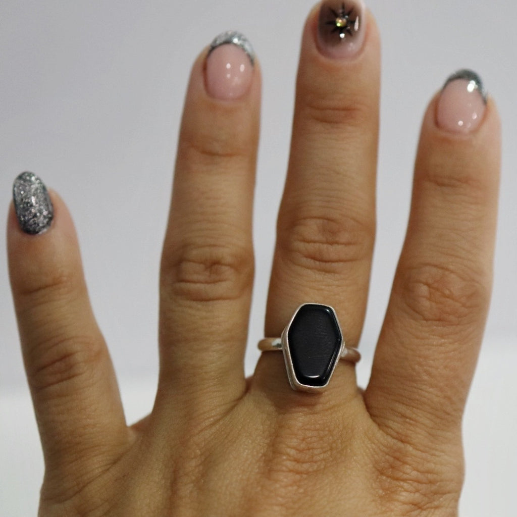Gemstone Coffin Ring in Black Onyx and Sterling Silver / Size 8 READY TO SHIP