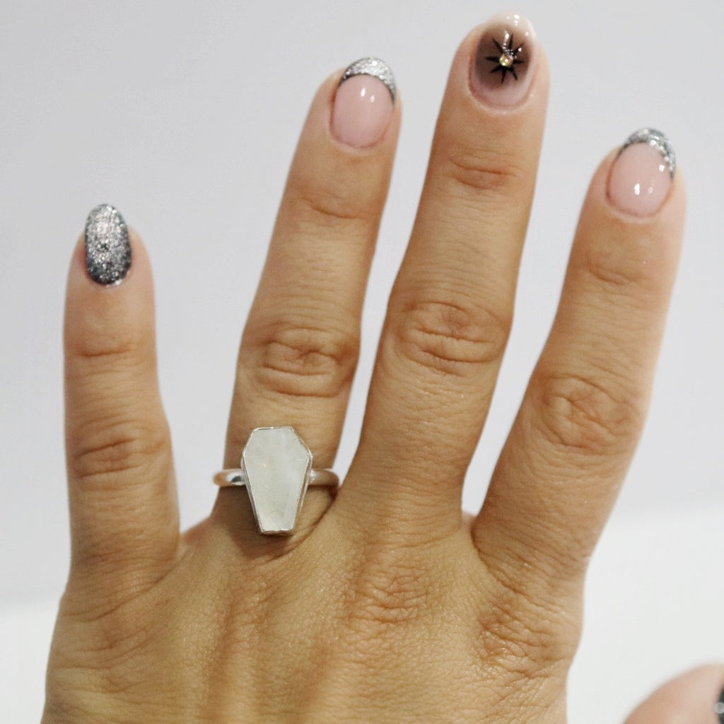Moonstone Coffin Gemstone Ring in Sterling Silver / size 7.25 READY TO SHIP