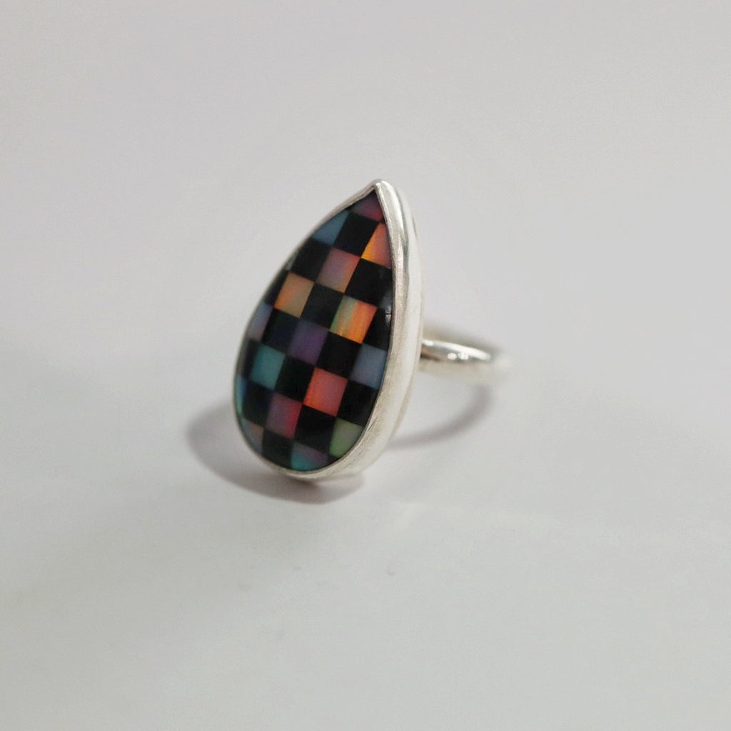 Rainbow Checkered Ring in Sterling Silver / Onyx & Aurora Opal / Ready to Ship size 5