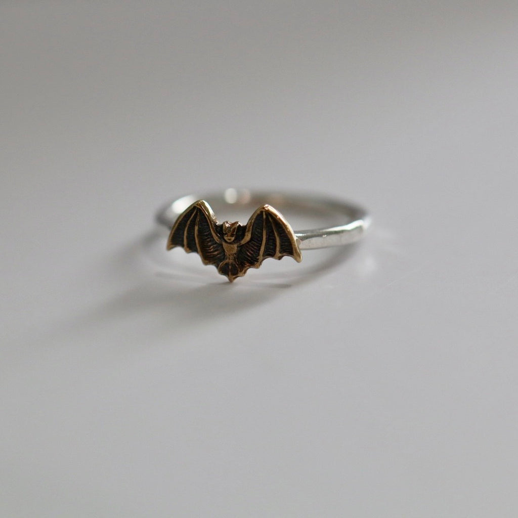Bat Stacking Ring in Oxidized Brass and Sterling Silver