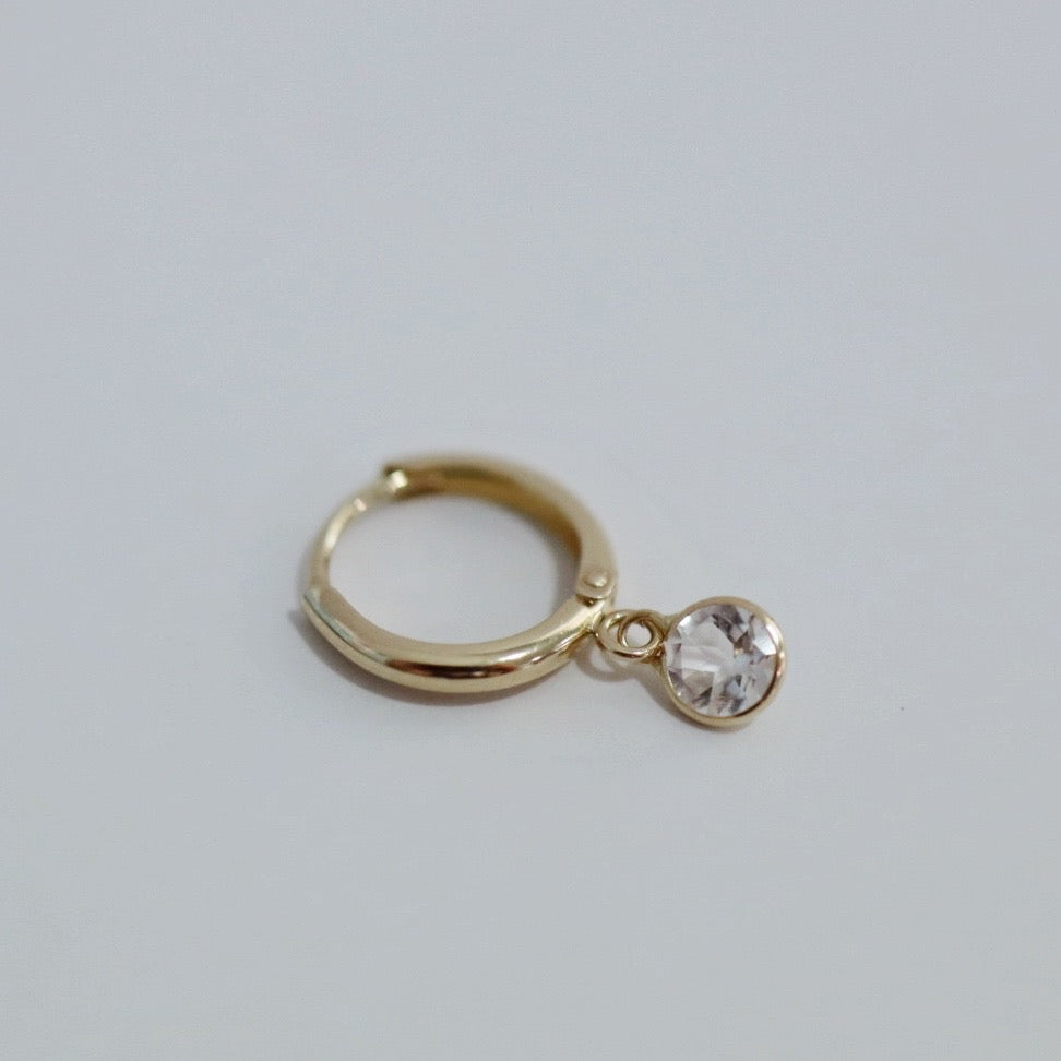 Hoop Earring in 14 karat Yellow Gold with White Topaz Gemstone Drop / SINGLE EARRING / READY TO SHIP