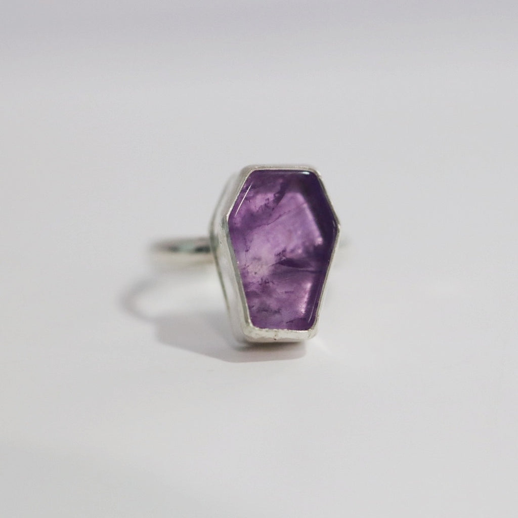 Gemstone Coffin Ring in Amethyst and Sterling Silver / size 7.5 READY TO SHIP