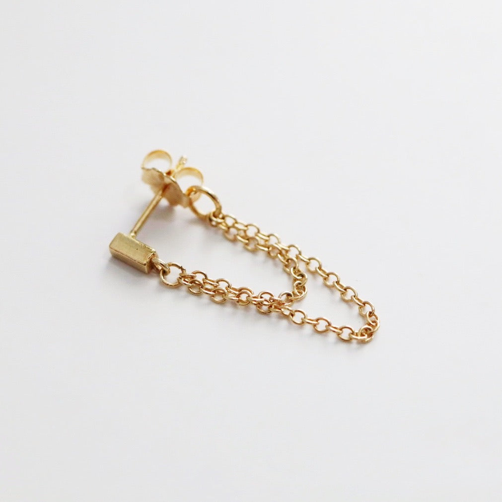 Gold Bar Stud with Double Chain Drop / SINGLE EARRING / Ready to Ship