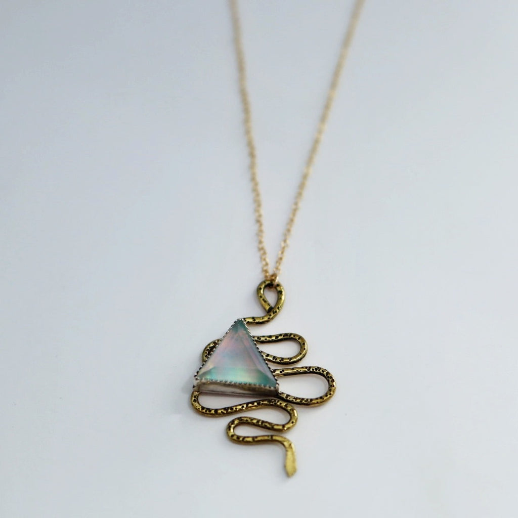 Brass Snake and Gemstone Triangle Necklace / Ready to ship