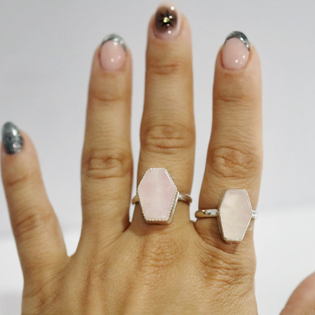 Rose Quartz Gemstone Coffin Ring in Sterling Silver