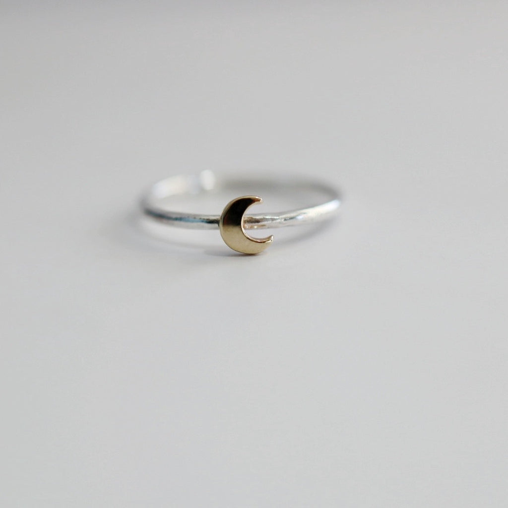 Crescent Moon Stacking Ring in Mixed Metal / Sterling Silver and 14 karat Yellow Gold / READY TO SHIP in 5.75