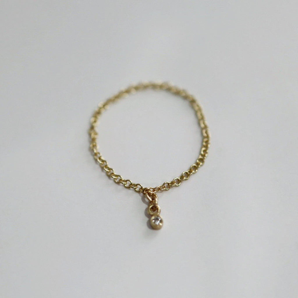 Tiny Lab Diamond Charm and chain ring in  14 Karat Yellow Gold / READY TO SHIP SIZE 9.5