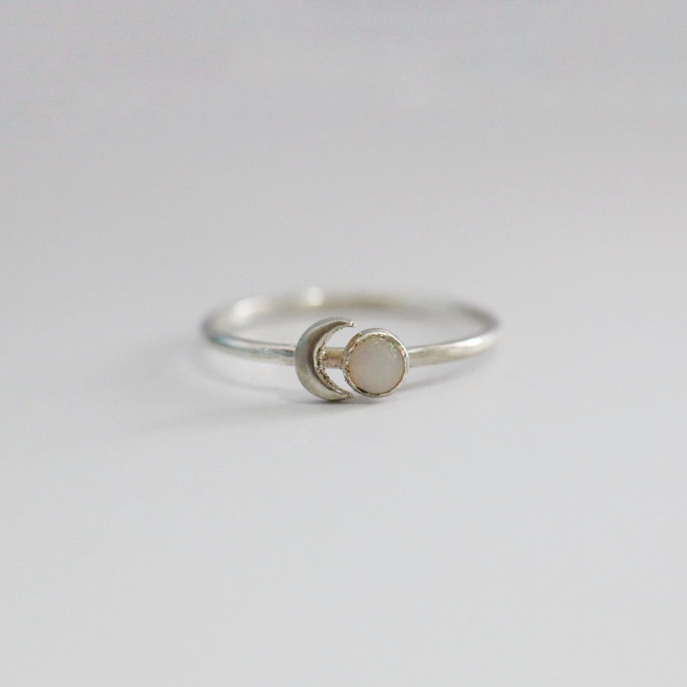 Opal and Crescent Moon Ring in Sterling Silver / Ready to Ship in size 7.5