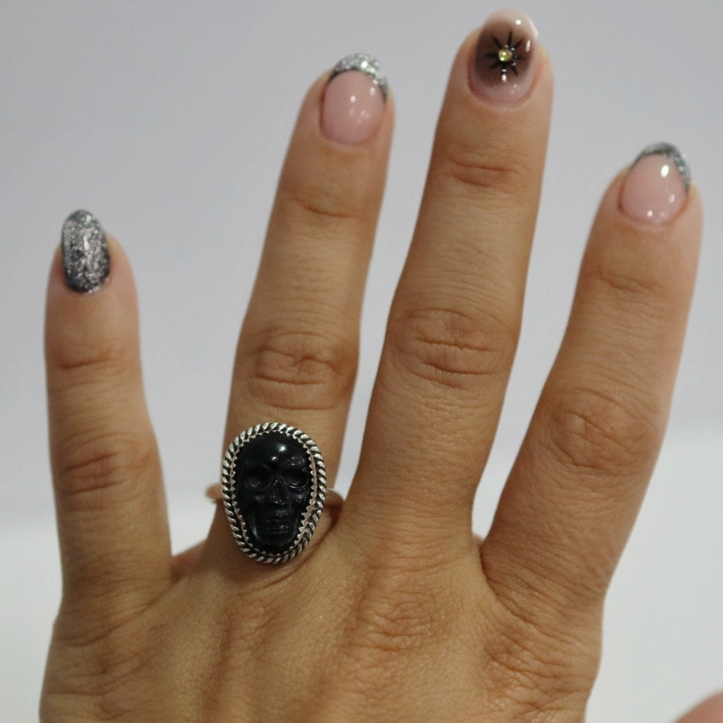 Gemstone Skull Ring in Sterling Silver and Black Onyx / size 8.25 Ready to Ship