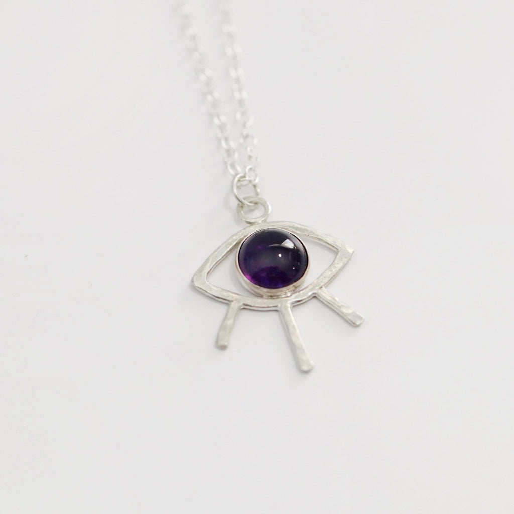 Gemstone Evil Eye Necklace in Sterling Silver - Amethyst, Kyanite, rutilated quartz / Ready to ship