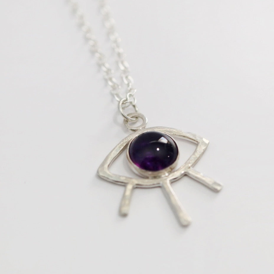 Gemstone Evil Eye Necklace in Sterling Silver - Amethyst, Kyanite, rutilated quartz / Ready to ship
