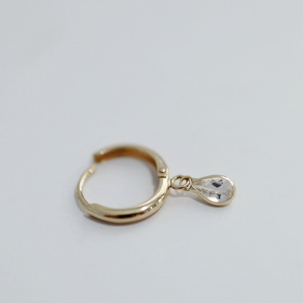 Hoop Earring in 14 karat Yellow Gold with White Topaz Teardrop Gemstone Drop / SINGLE EARRING / READY TO SHIP