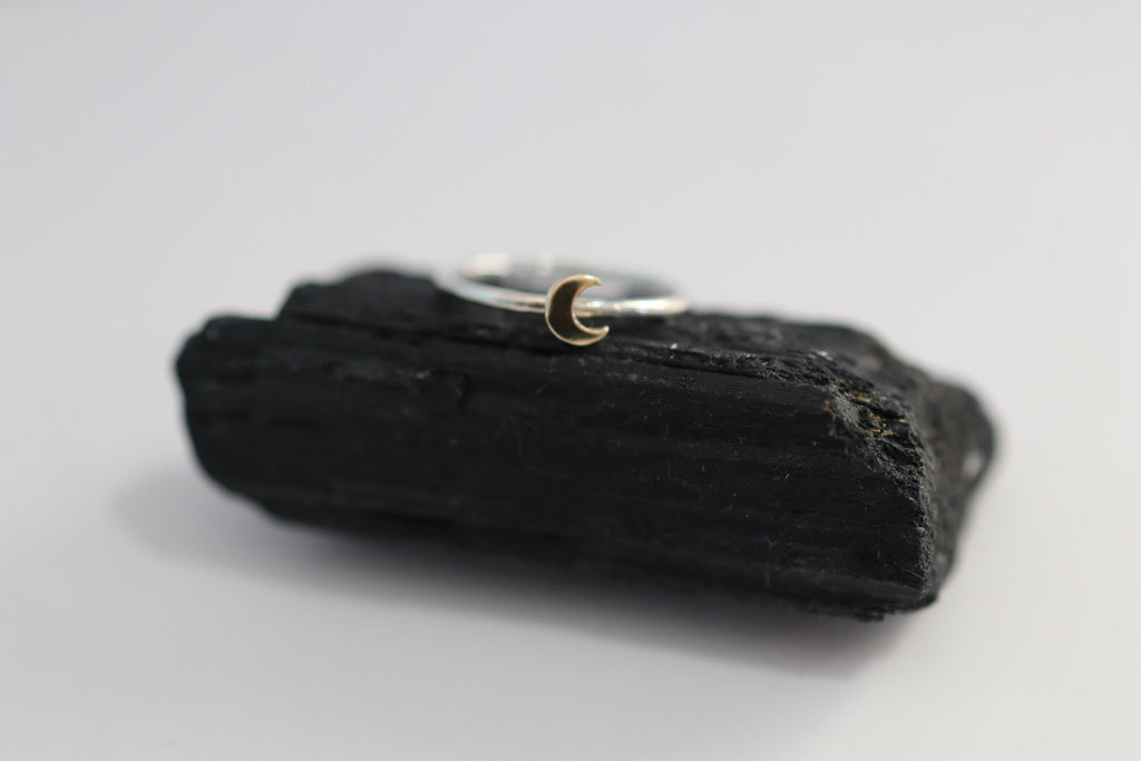 Crescent Moon Stacking Ring in Mixed Metal / Sterling Silver and 14 karat Yellow Gold / READY TO SHIP in 5.75