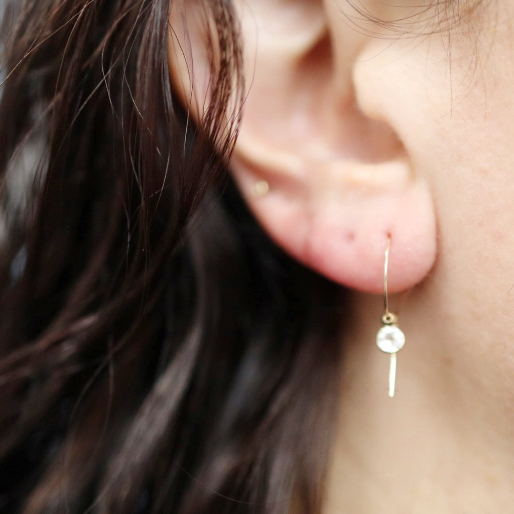 White Topaz and Bar Dangle Hoop Earring in 14 karat Yellow Gold / SINGLE EARRING / READY TO SHIP