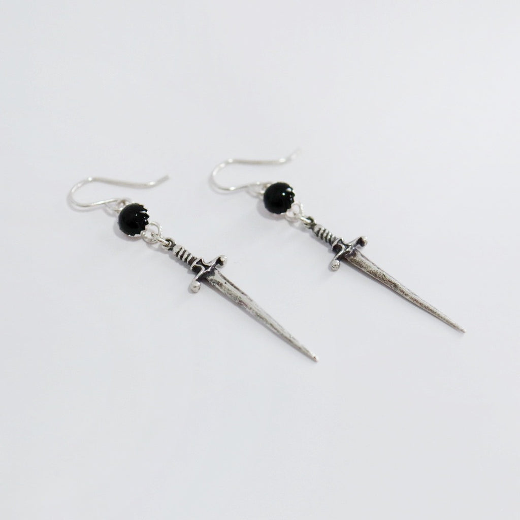 Sterling silver sword earrings with black onyx gemstone