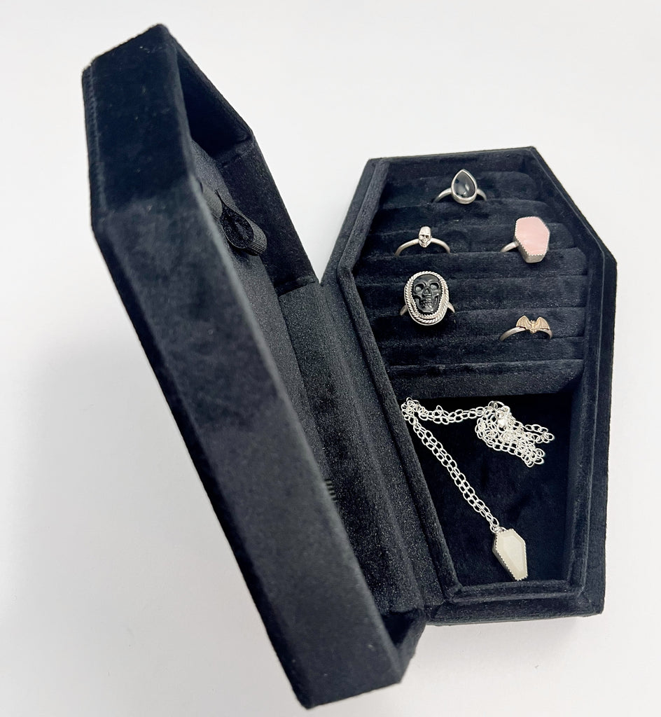 Black Velvet Coffin Jewelry Box; Goth Jewelry Storage