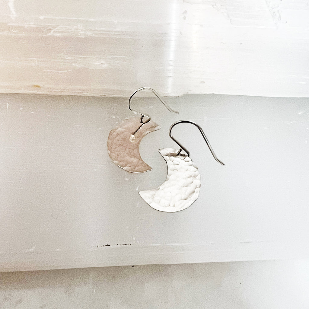 Celestial Hammered Moon Earrings in Sterling Silver