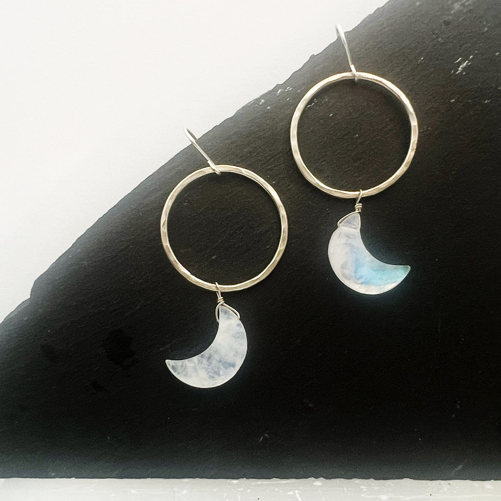 sterling silver moonstone moon earrings
