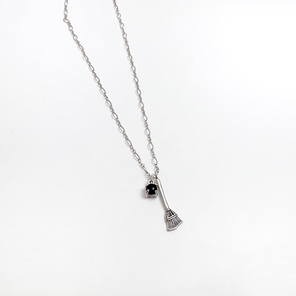 Broom and Gemstone Sterling Silver Charm Necklace