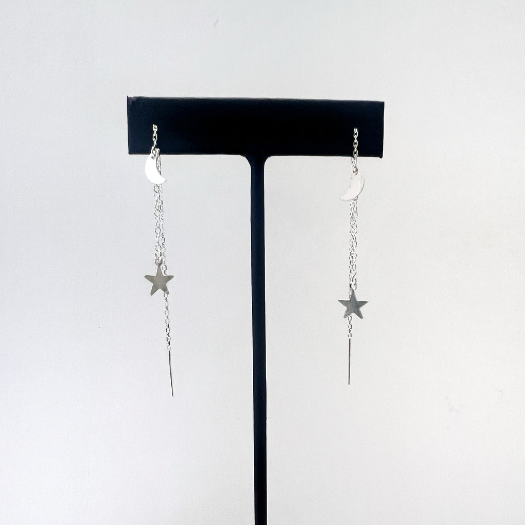 sterling silver moon and star drop threader  earrings