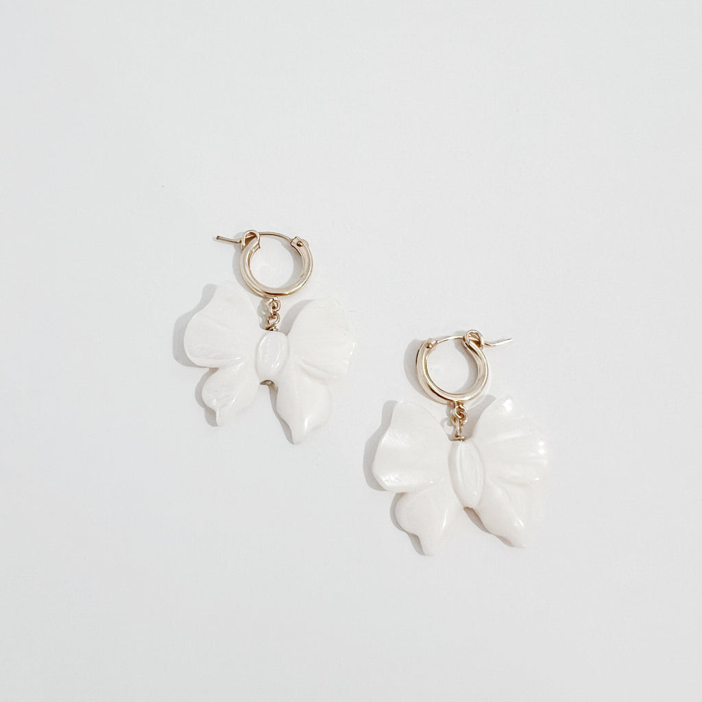 Mother of Pearl Bow Charms on 14 karat Gold Fill Hoops