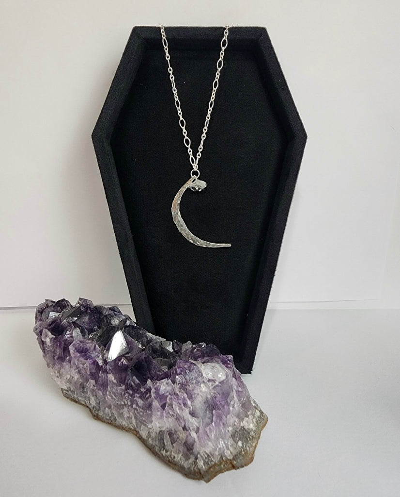 Sterling Silver Hammered Moon Necklace with Quartz Gemstone