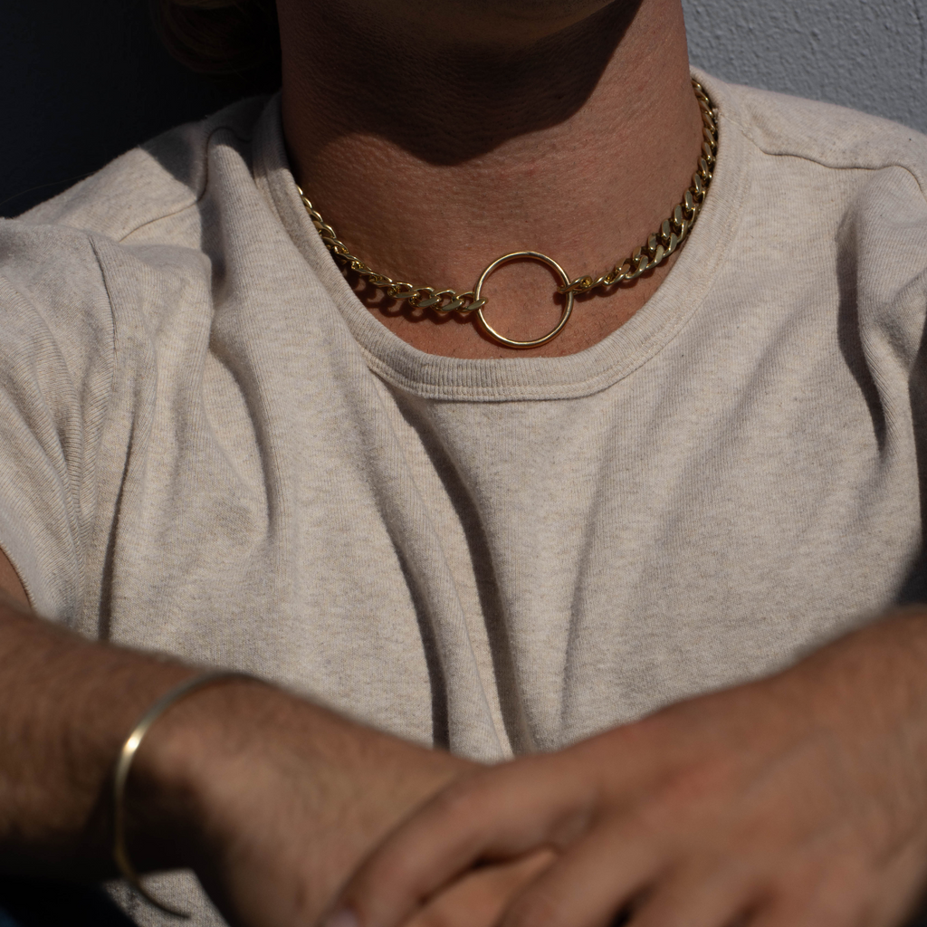 mens chunky chain and circle necklace in brass - metrix jewelry 