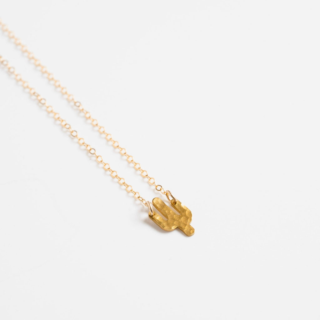 hammered tiny cactus necklace in brass and 14 karat gold fill