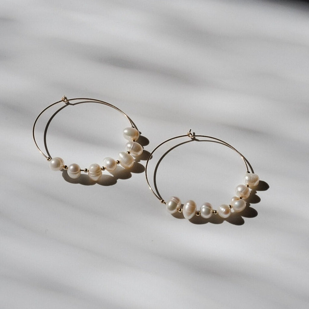 Pearl and 14 karat Gold Fill Large Beaded Hoop Earrings