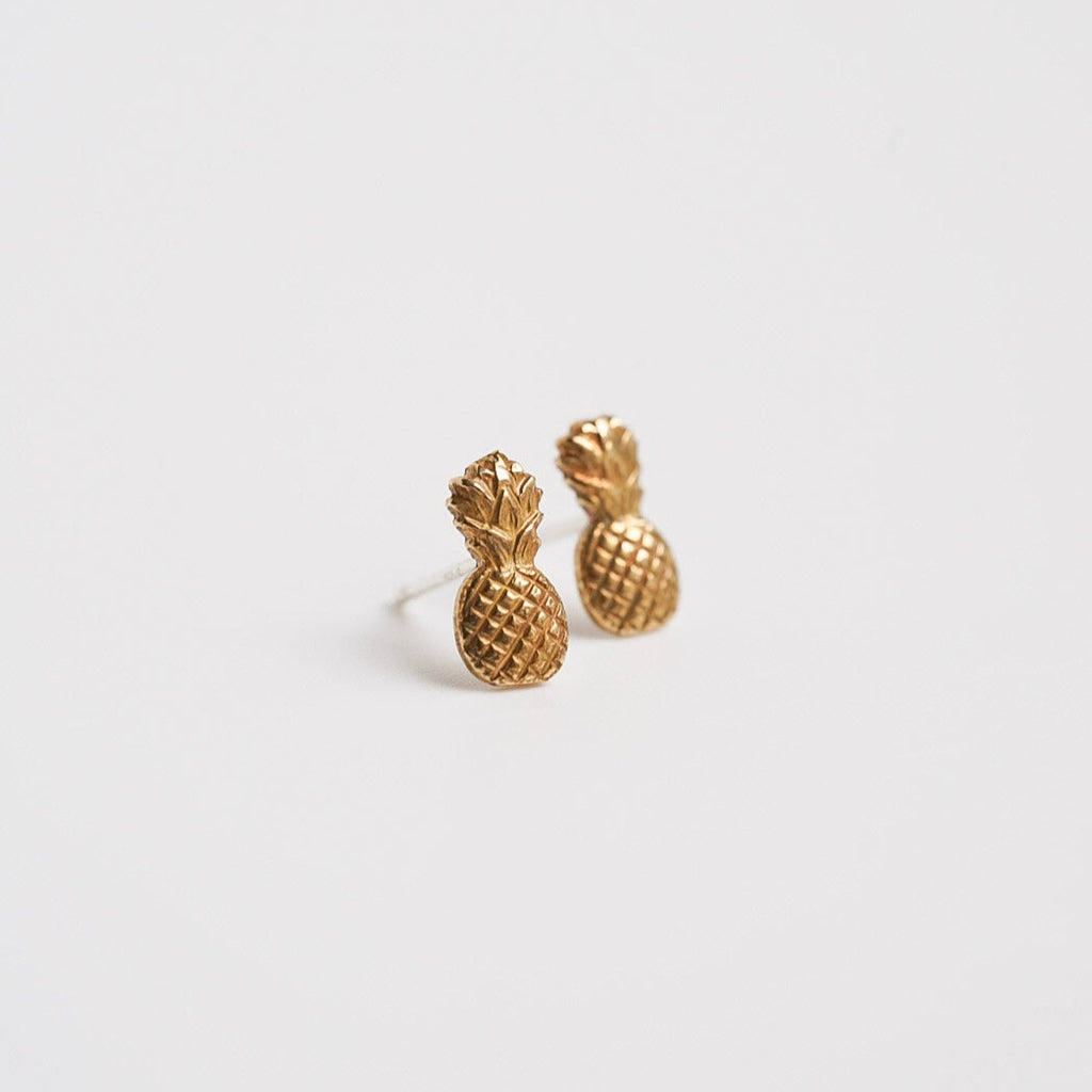 Brass Pineapple Stud Earrings; Tropical Stud Earrings
