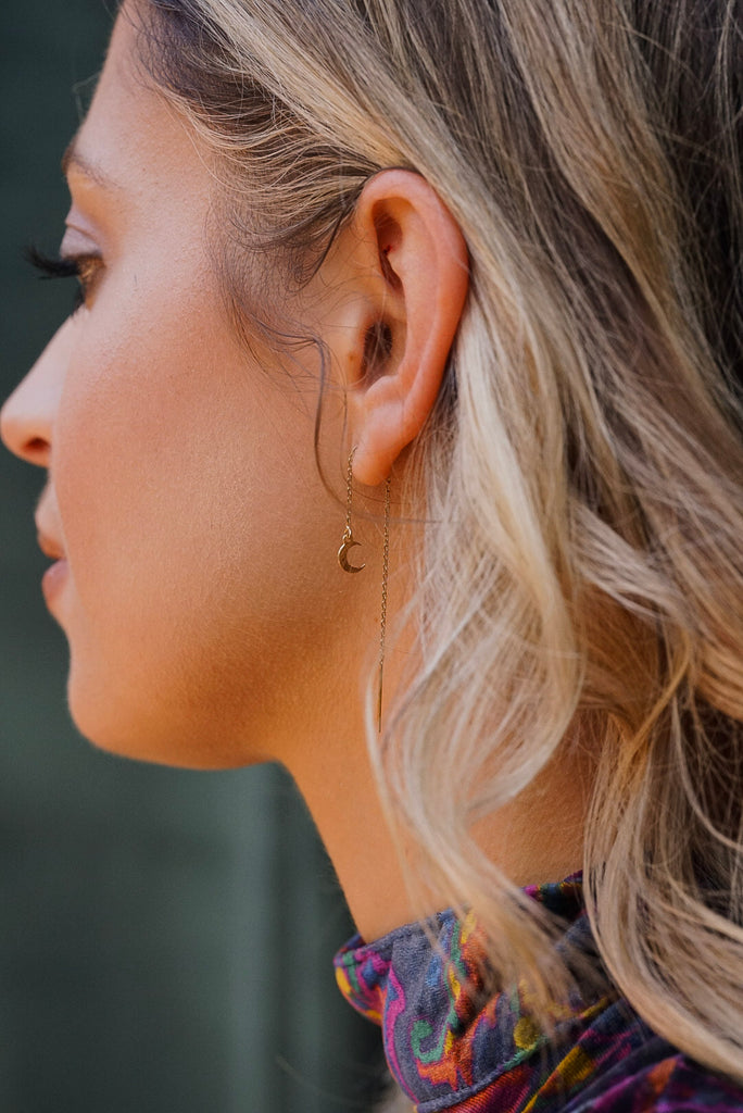 Celestial Moon Threader Earrings in 14 Karat Gold