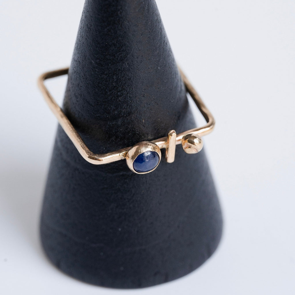 14 Karat Gold Geometric Gemstone Square Ring with Blue Sapphire, Ball, and Bar