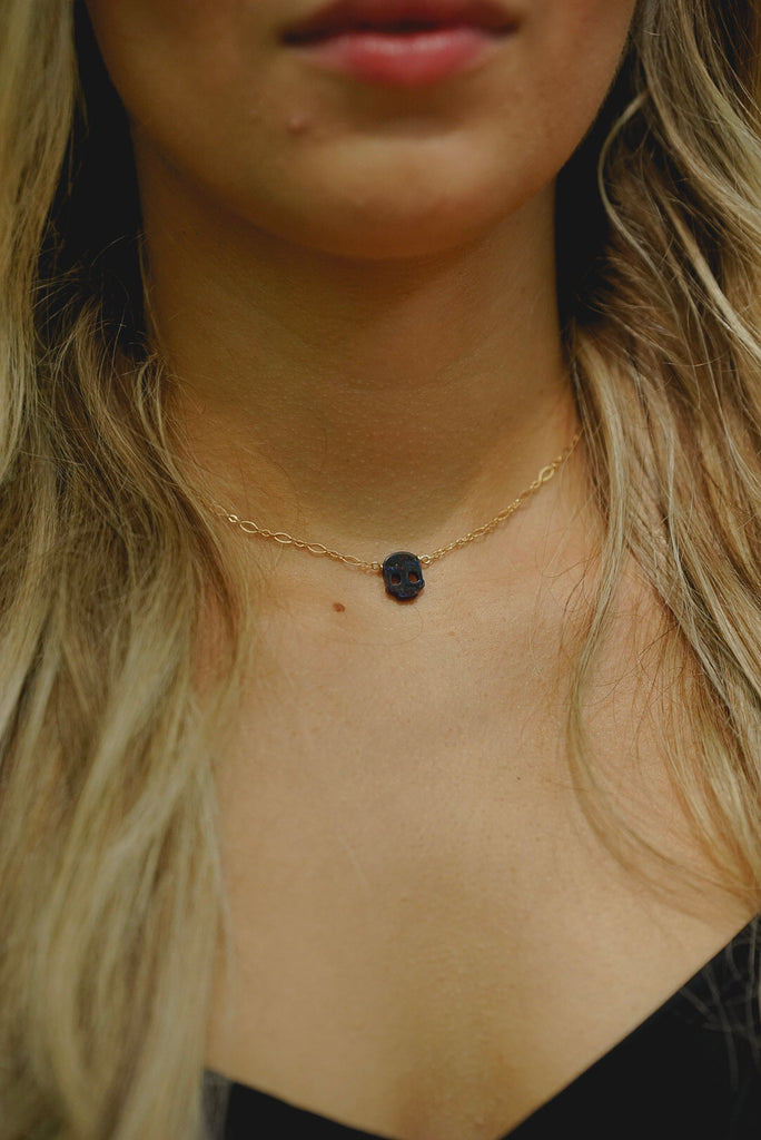 Dainty Opal Skull Necklace; Halloween Necklace, Gemstone Necklace