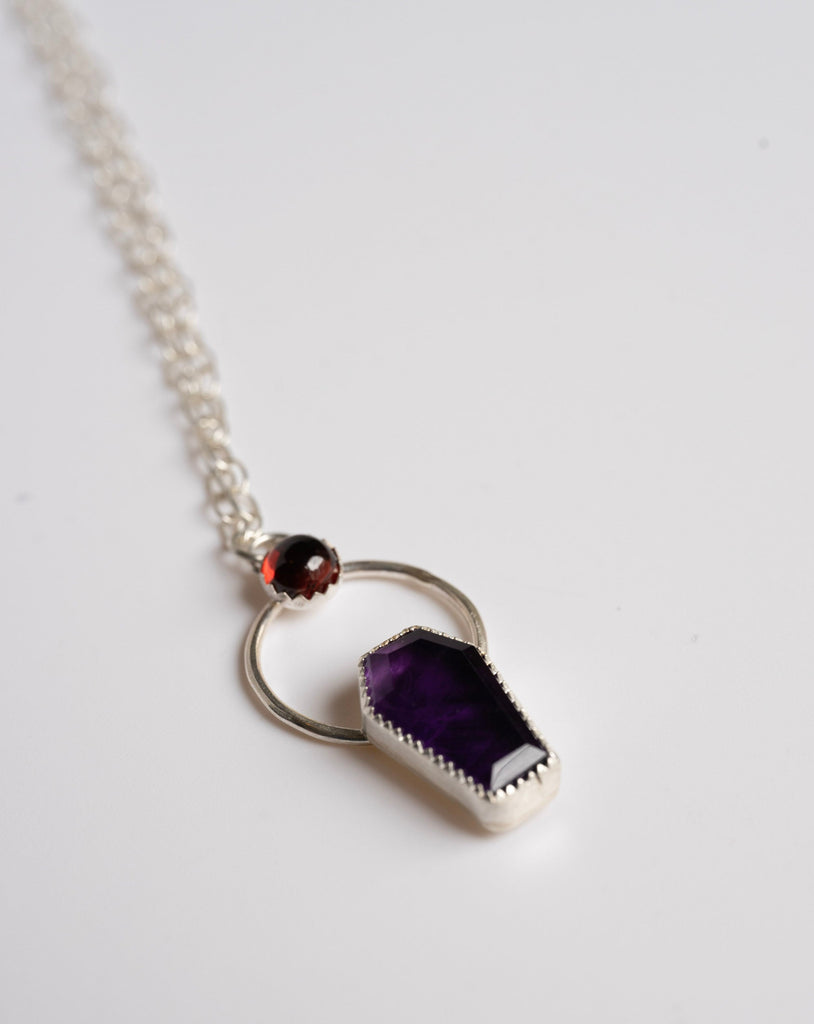 Amethyst and Garnet Coffin Necklace in Sterling Silver