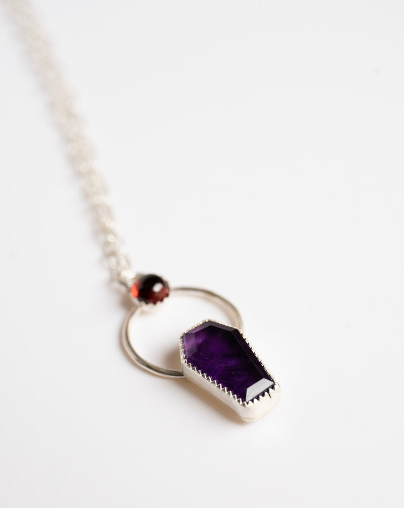 Amethyst and Garnet Coffin Necklace in Sterling Silver