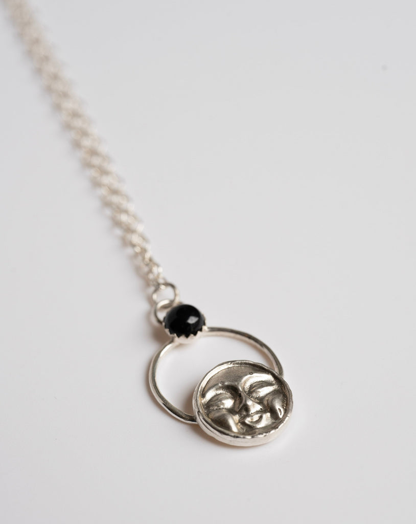 Sterling Silver and Black Onyx Face in the Moon Necklace