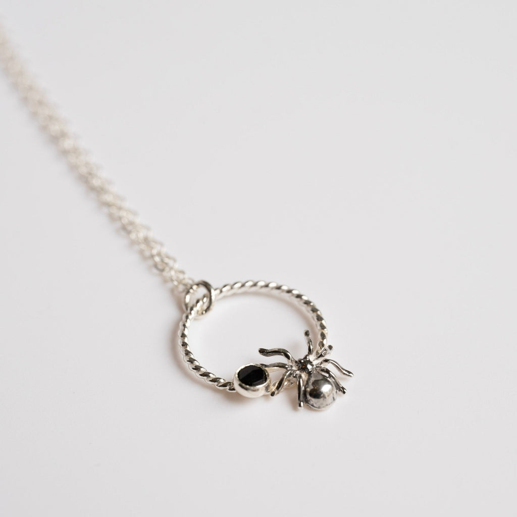 Sterling Silver Spider and Black Spinel Necklace