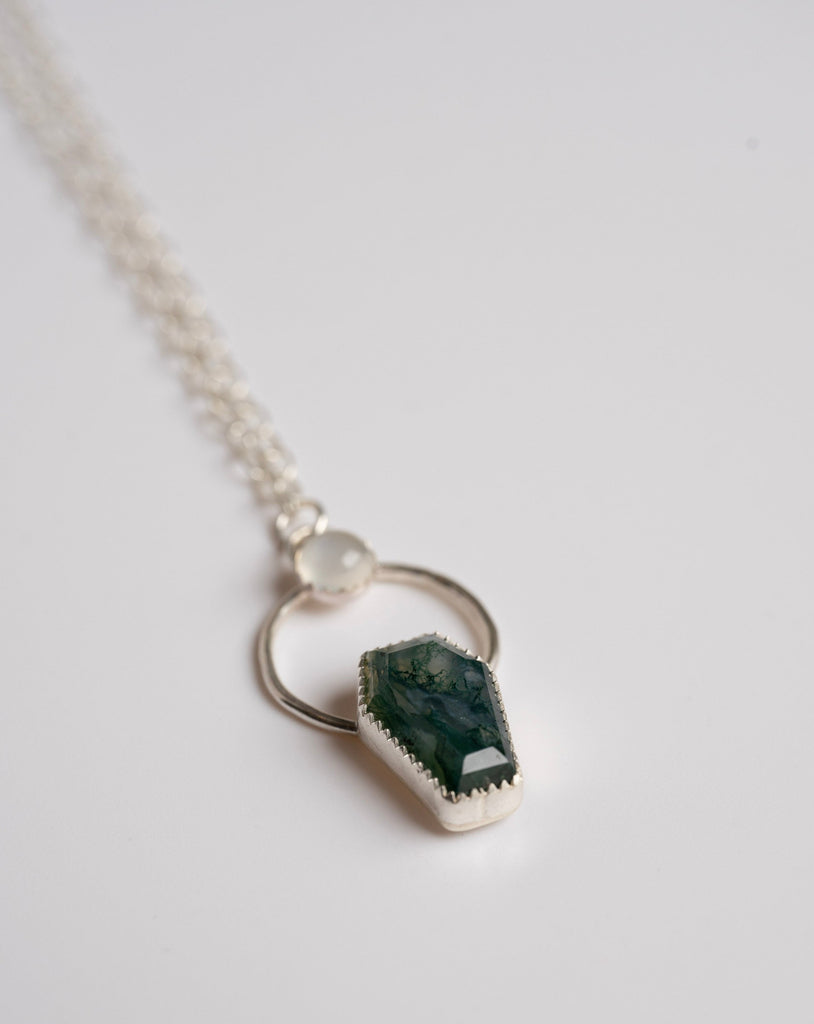 Moss Agate Coffin and Moonstone Necklace in Sterling Silver