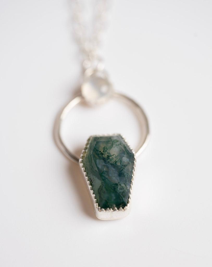 Moss Agate Coffin and Moonstone Necklace in Sterling Silver