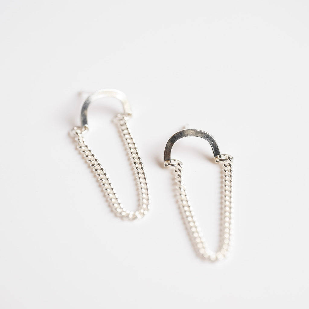 Arc Stud Earrings with Chain Drop - Choose Your Metal