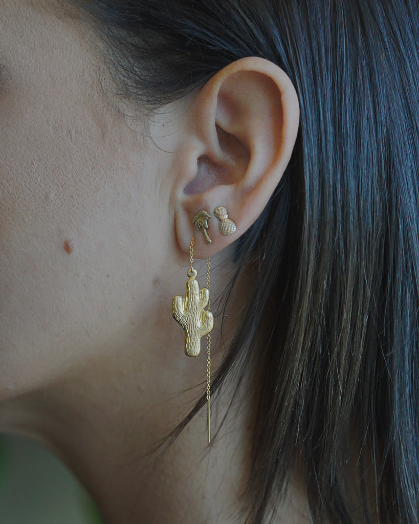 Brass Pineapple Stud Earrings; Tropical Stud Earrings
