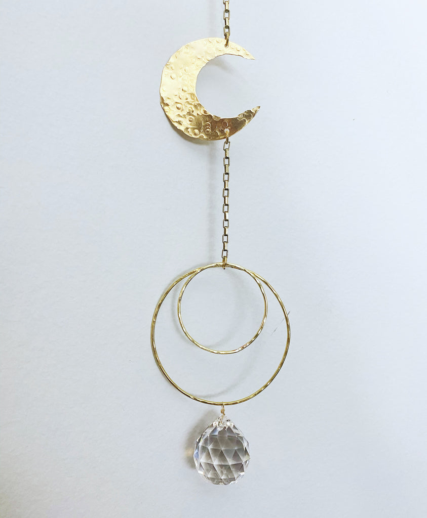 Sun Catcher; Brass Hammered Moon and Circle Drop