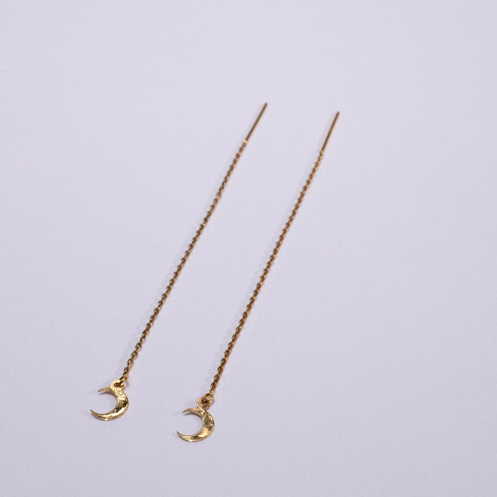 Celestial Moon Threader Earrings in 14 Karat Gold