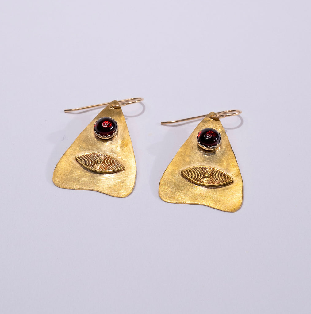 Ouija Board Planchette Earrings with Garnet Gemstone